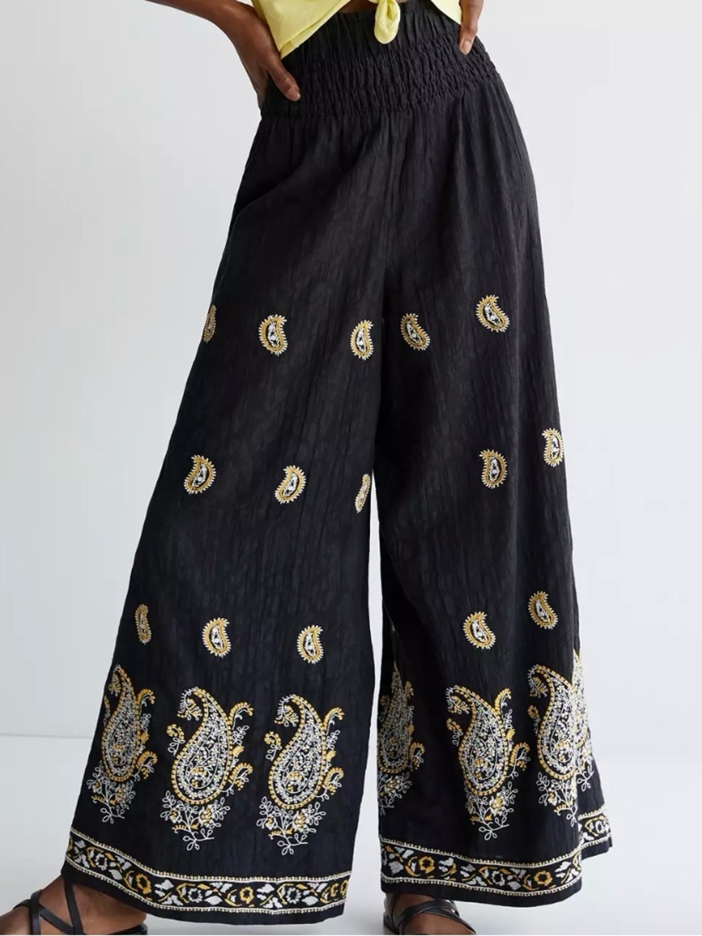 Anthropologie Black Wide-Leg Pants with Gold & White Paisley Embroidery